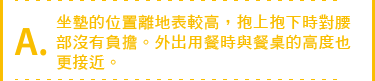 坐墊的位置離地表較高,抱上抱下時對腰部沒有
負擔。外出用餐時與餐桌的高度也更接近。